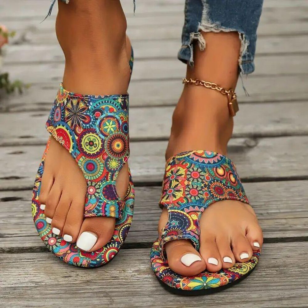 (multicolor, 41) Ethnic Style Slippers for Women New Colorful Patterned Summer Breathable Printed Roman Style Slippers, Open Toe Beach Footwear