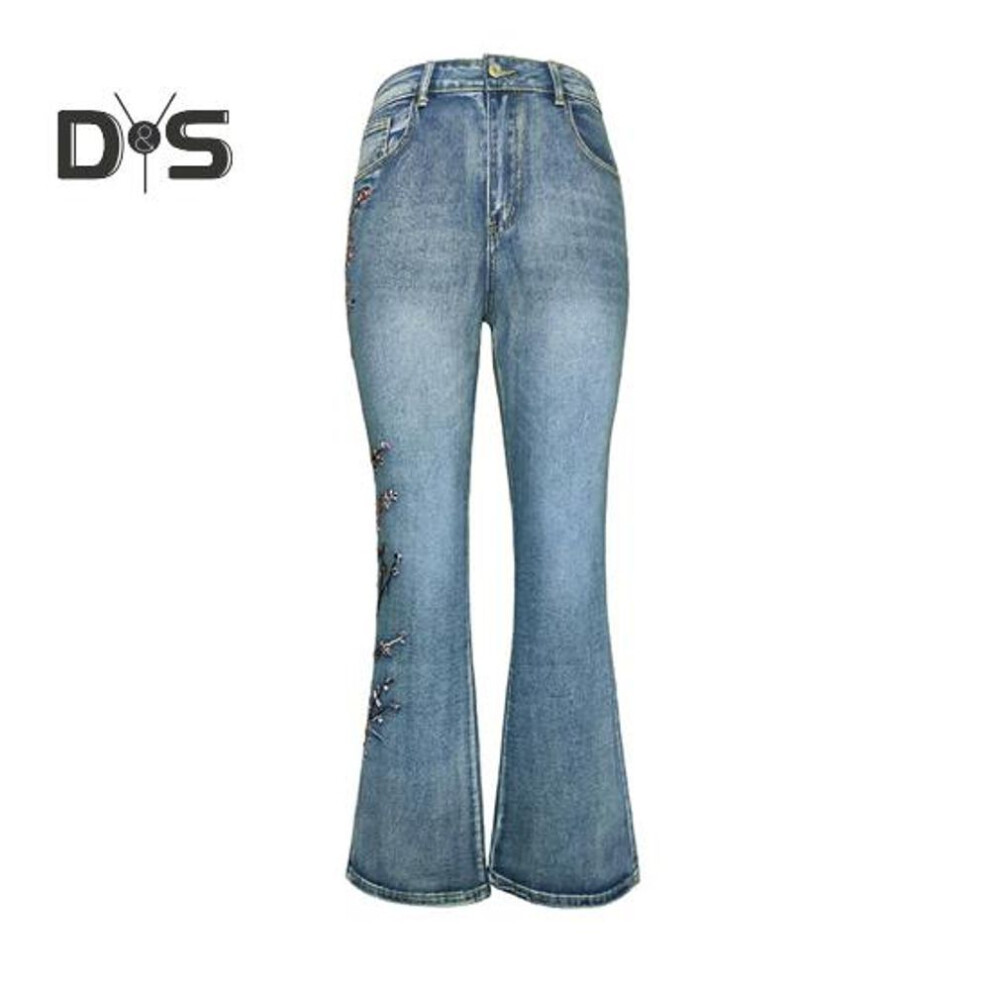 (blue, XL) Women's Flared Jeans Floral Embroidered High Waisted Bell Bottom Jeans Micro Elastic Slim Denim Pants with Pockets