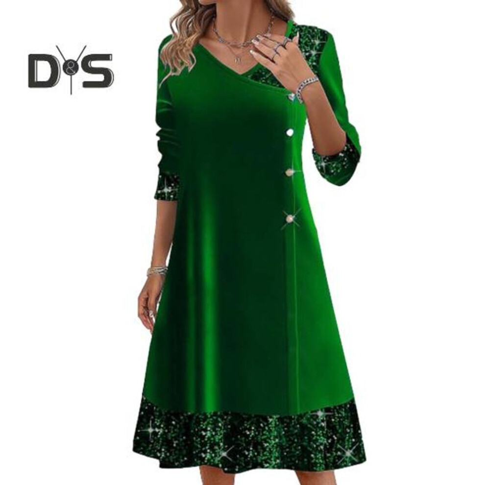 (green, L) Fall Winter Women Dress Shiny Sequin Patchwork V Neck A line Big Swing Long Sleeve Button Decor Solid Color Soft Warm Mid calf Length Lady Midi Dress