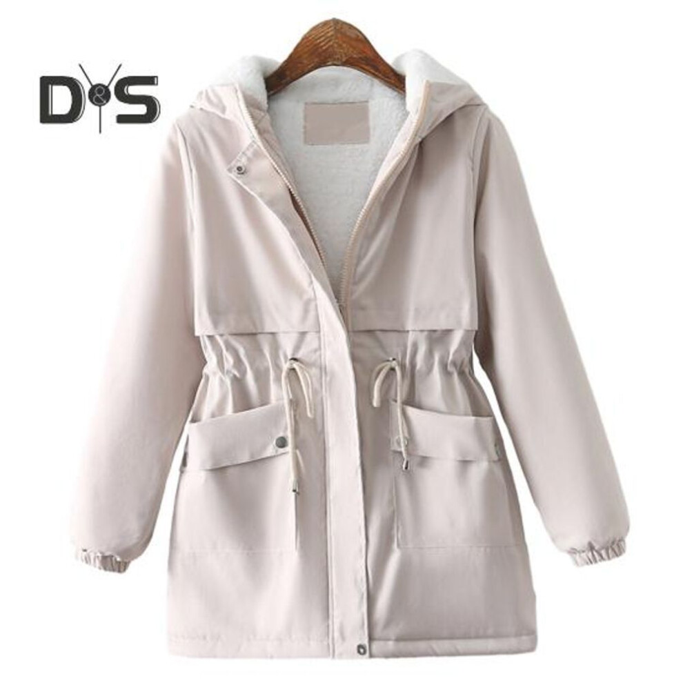 (apricot, L) Fall Winter Women Coat Hooded Thick Plush Solid Color Pockets Warm Zipper Closure Long Sleeve Cardigan Loose Mid Length Cozy Lady Jacket Trench Coat