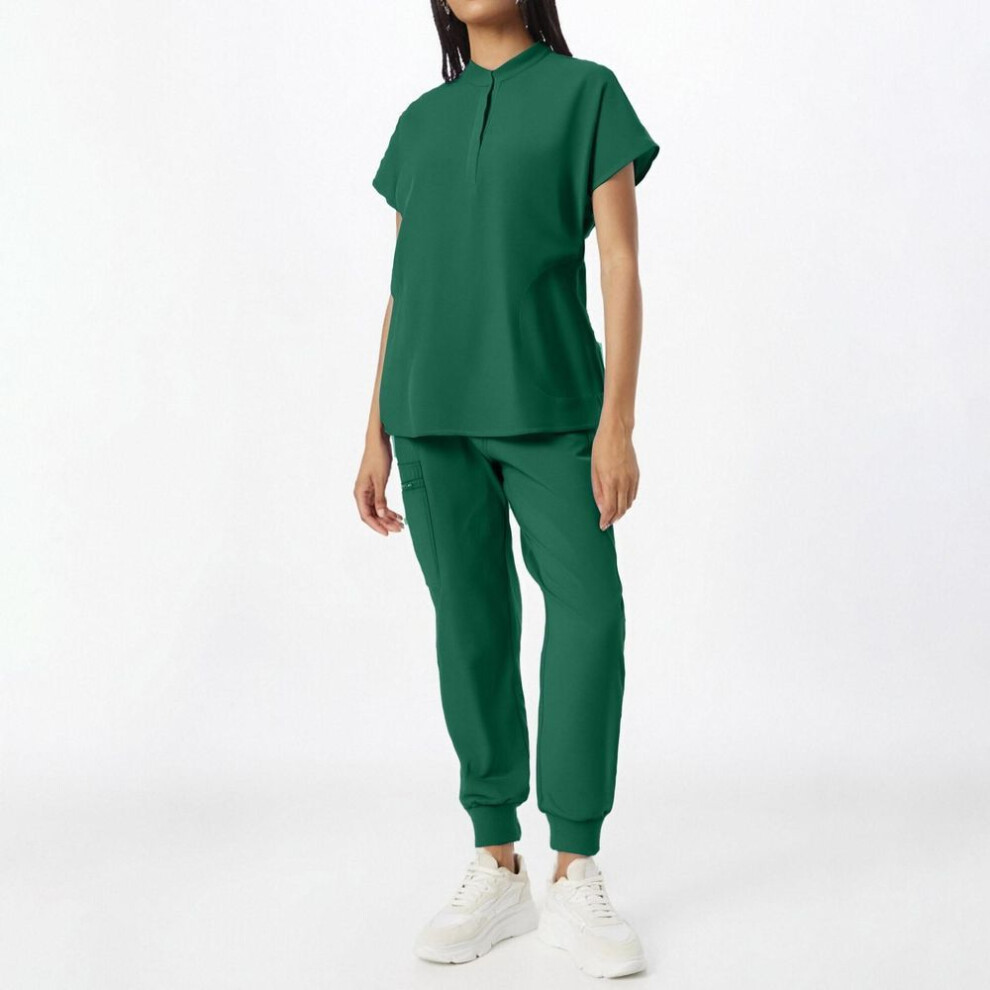 (dark green, L) Women's Short Sleeved Solid Color  Pocket Top Pants Foot Binding Pants Work Clothes Two Piece Set