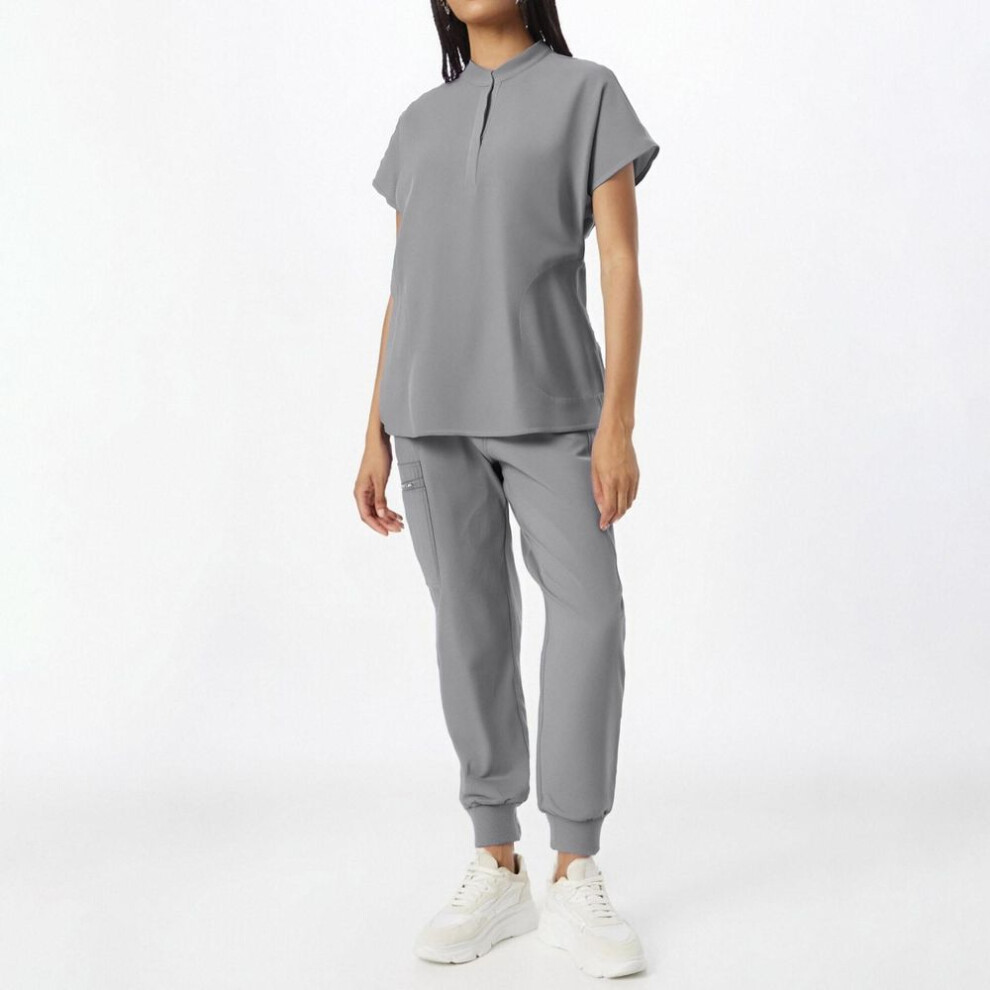 (as the picture, XL) Women's Short Sleeved Solid Color  Pocket Top Pants Foot Binding Pants Work Clothes Two Piece Set