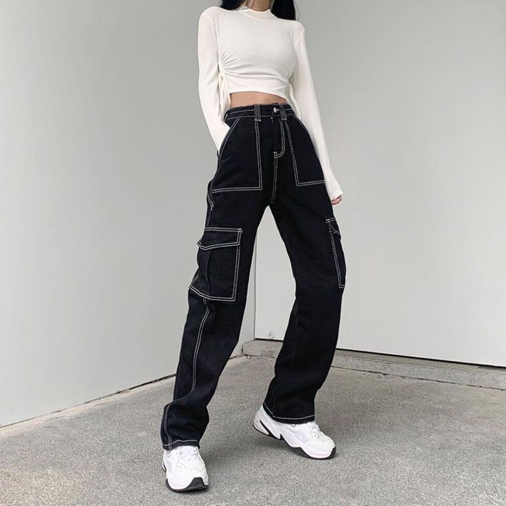 (black, S) High-Waist Slimming Bright Line Wide-Leg Jeans - Women's Loose Street Style Trend