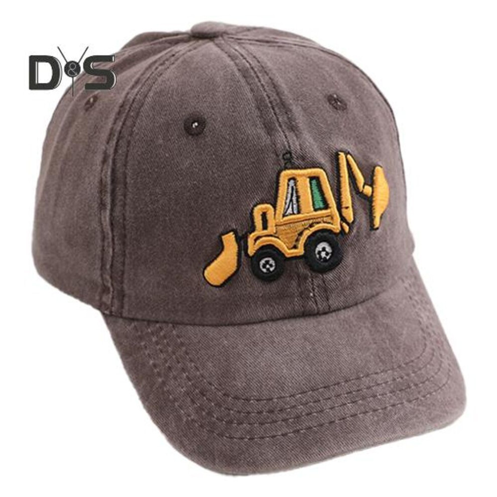 (coffee) Unisex Children Hat Washed Retro Baseball Cap Cartoon Excavator Embroidery Long Brim Anti-UB Sun Protection Outdoor Headwear Sun Hat