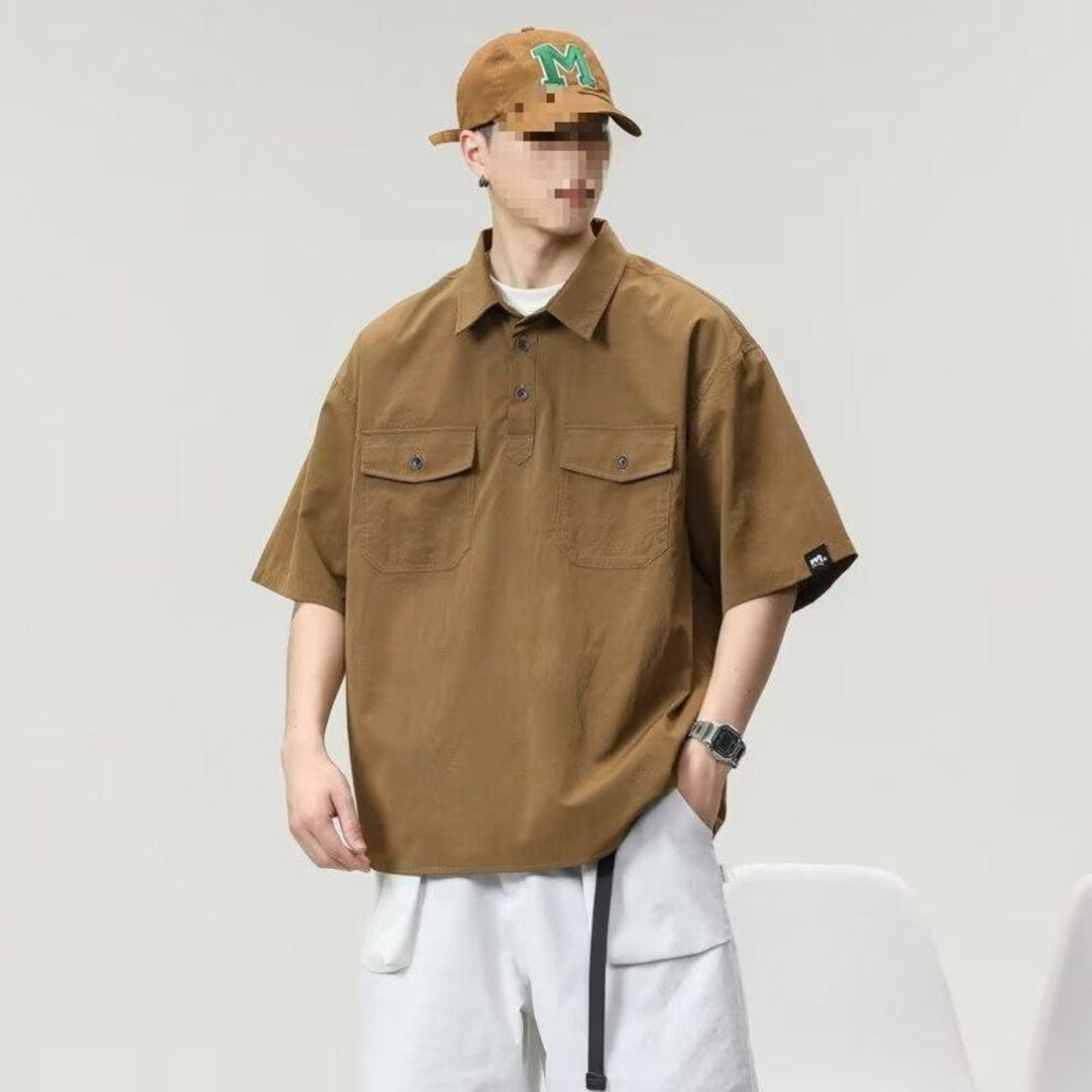 (2XL, coffee) Men's Japanese Retro Short-sleeve Workwear Shirt – Trendy, Loose-fit Summer Jacket