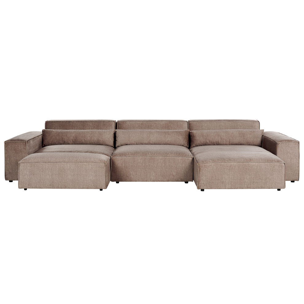 Modular Corner Sofa HELLNAR Fabric Light Brown with Ottoman 3 Seater Left Hand
