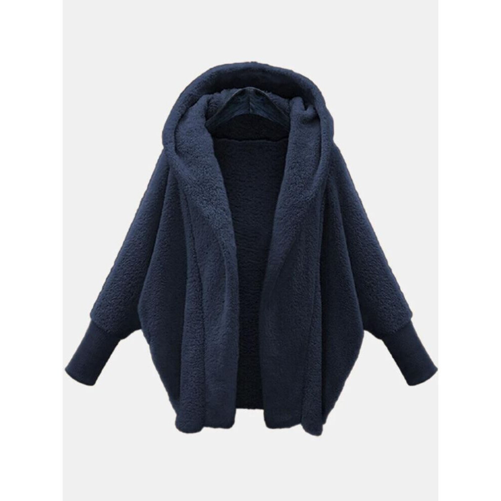 (L, navy) Autumn and Winter, Women's Clothing Solid Color Long-sleeved Hooded Loose Plush Jacket Women