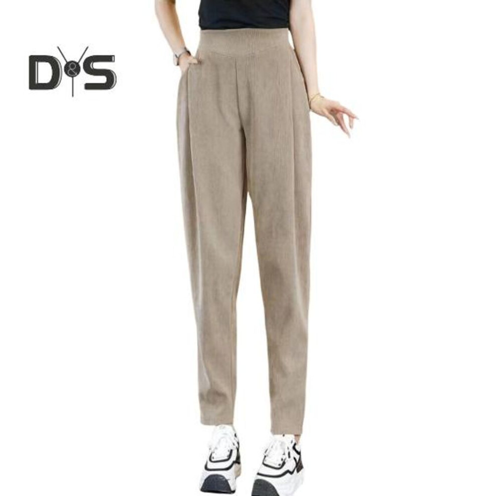 (khaki, XL) Women Harem Pants High Waist Solid Color Casual Trousers with Pockets Elastic Fabric Thickened Fleece Lining Long Pants