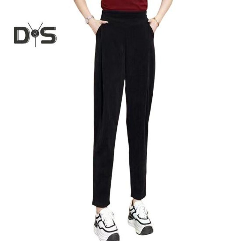 (black, M) Women Harem Pants High Waist Solid Color Casual Trousers with Pockets Elastic Fabric Thickened Fleece Lining Long Pants