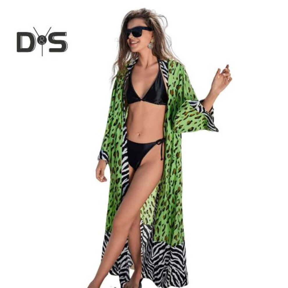 Women Beach Cardigan Leopard Print Long Sleeve Loose Fit Lightweight Bikini Cover Up Open Front Mid-length Swimsuit Coat