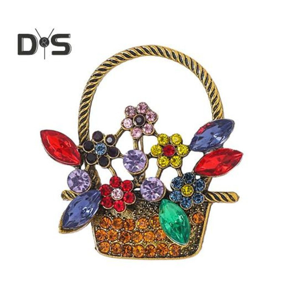 Flower Basket Brooch Hollow Out Colorful Rhinestone Flower Leaf Retro Suit Coat Collar Hat Scarf Clothes Pin Prom Party Garment Jewelry
