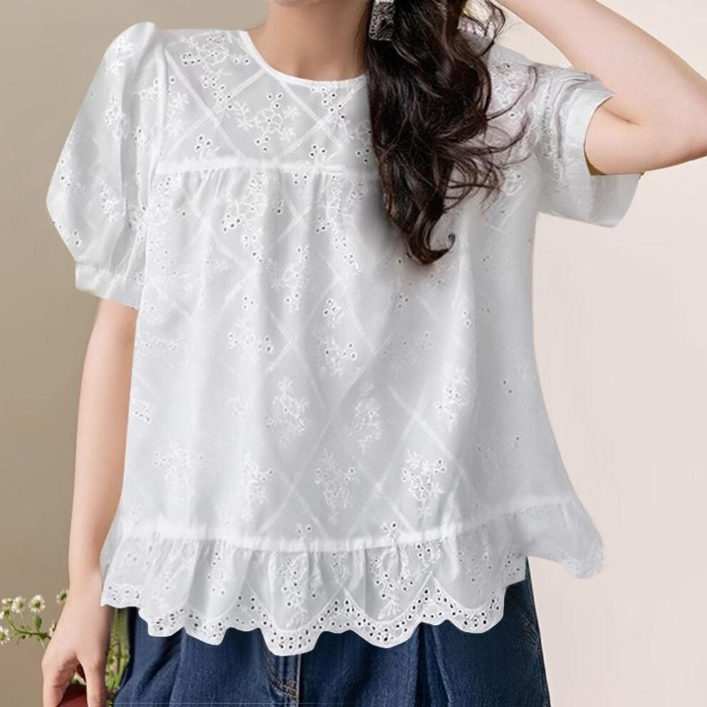 (M, white) ZANZEA Women Summer Round Neck Bubble Short Sleeve Printed Blouses