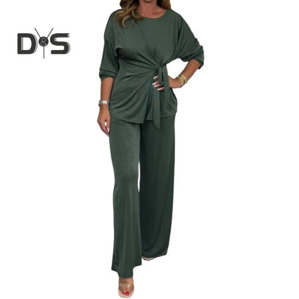 (dark green, XL) 2 Pcs/Set Women Top Pants Suit Round Neck Long Sleeves Lace-up Pleated Blouse Elastic Waist Wide Leg Trousers Daily Wear Outfit Fall Spring Tracksuit
