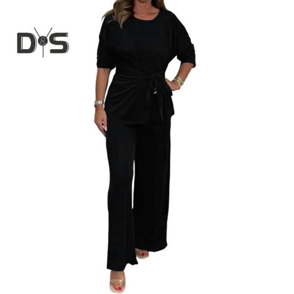 (black, XL) 2 Pcs/set Women Top Pants Suit Round Neck Long Sleeves Lace-up Pleated Blouse Elastic Waist Wide Leg Trousers Daily Wear Outfit Fall Spring Tracksuit
