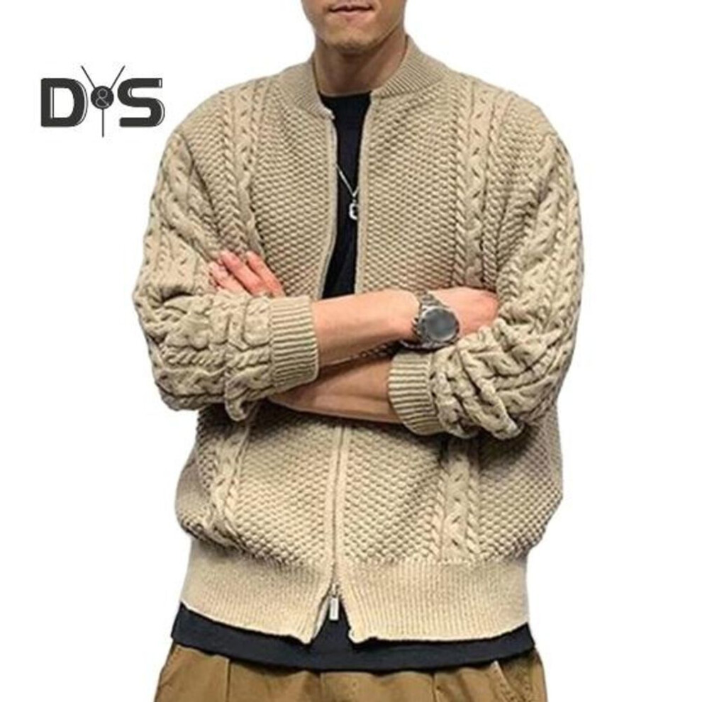 (khaki, L) Fall Winter Men Sweater Cardigan Round Neck Knit Thick Elastic Long Sleeves Loose Warm Solid Color Zip-up Knitwear Daily Wear Sweater Coat