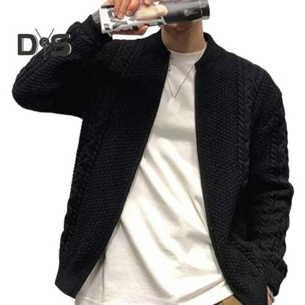 (black, L) Fall Winter Men Sweater Cardigan Round Neck Knit Thick Elastic Long Sleeves Loose Warm Solid Color Zip-up Knitwear Daily Wear Sweater Coat