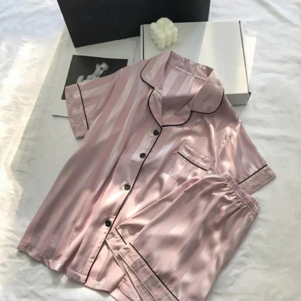 (L, pink) Women 2Pcs Sleep Lounge Set  Seamless Satin Pajama Top & Short Set Striped Button Up Short Sleeve Shirt & Pants Pajamas