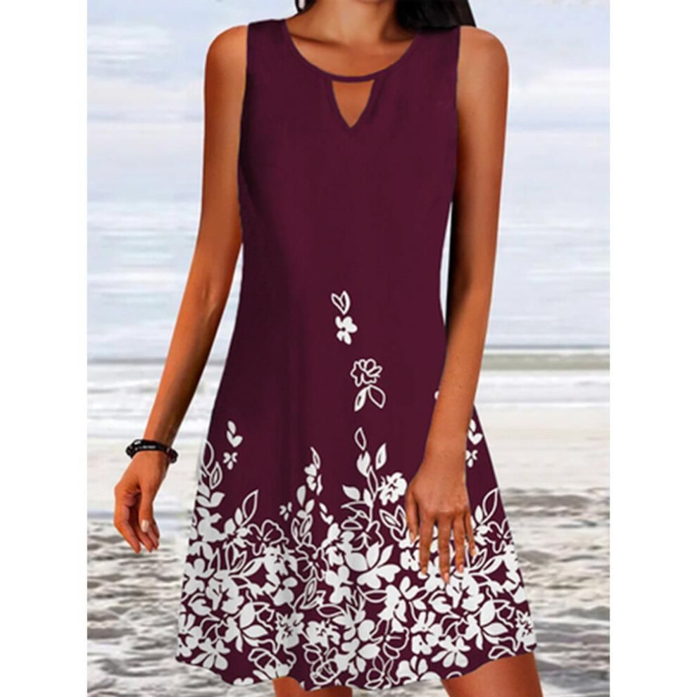 (rose red, L) Summer Women Short Dress Beach Dress For Woman Floral Round Neck Sundress Sleeveless Casual Loose Tank Dress