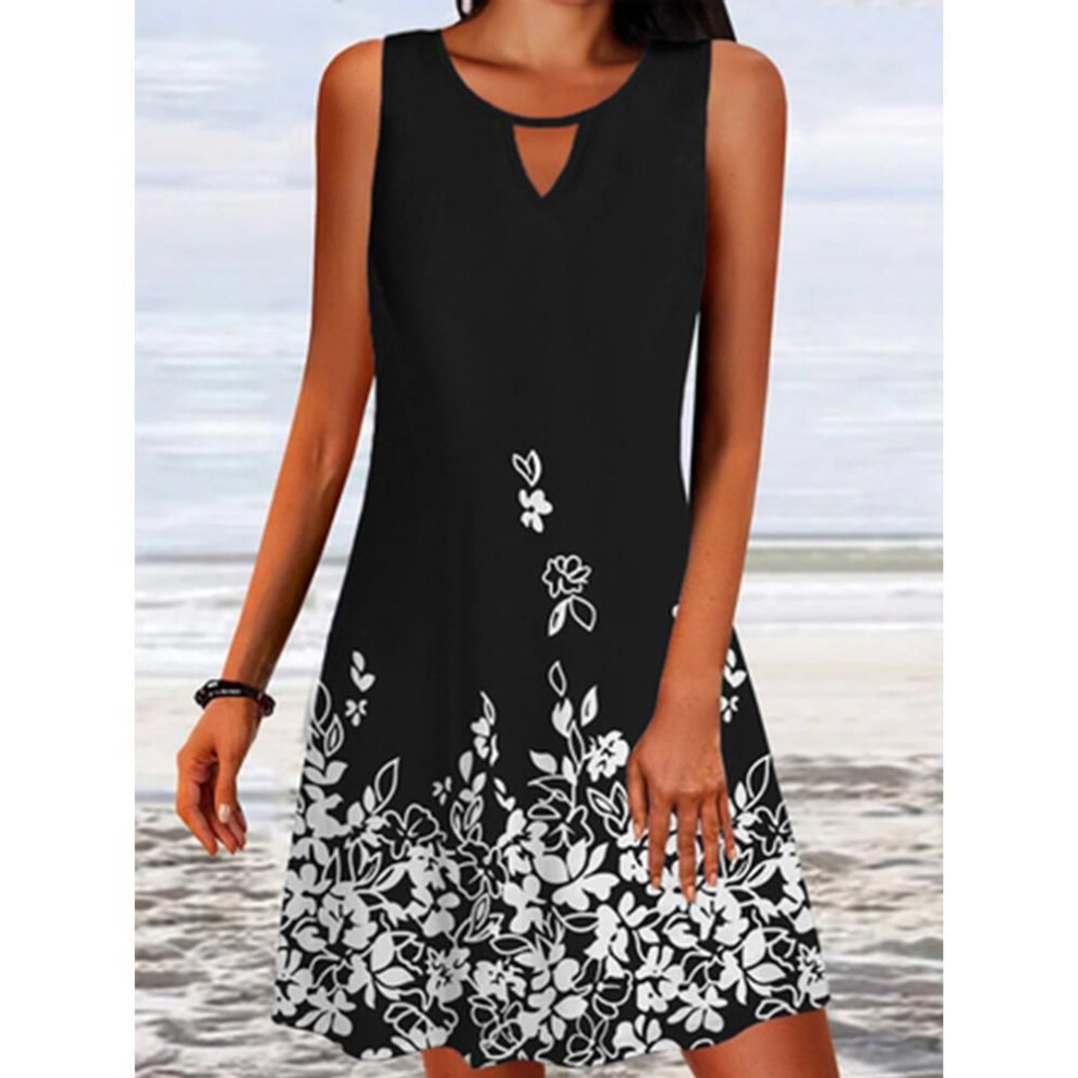 (black, S) Summer Women Short Dress Beach Dress For Woman Floral Round Neck Sundress Sleeveless Casual Loose Tank Dress