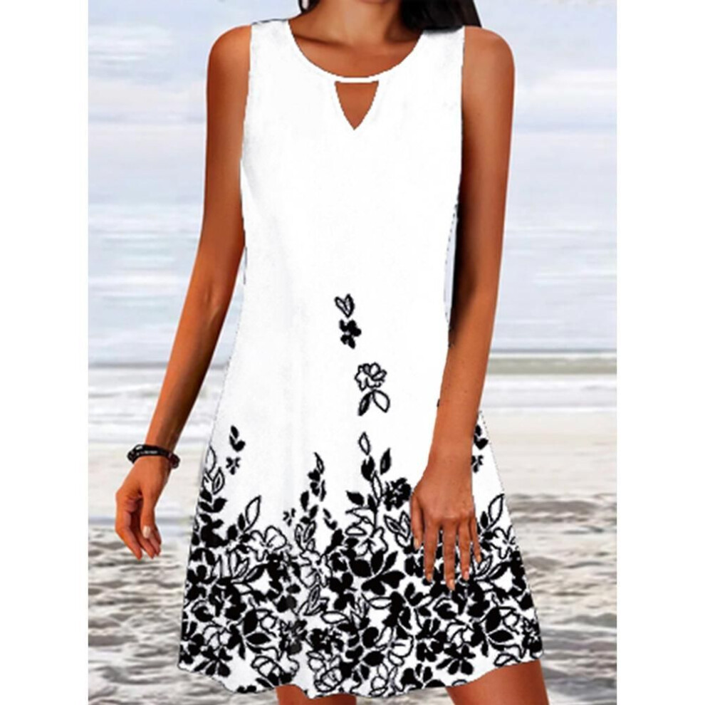 (white, XL) Summer Women Short Dress Beach Dress For Woman Floral Round Neck Sundress Sleeveless Casual Loose Tank Dress
