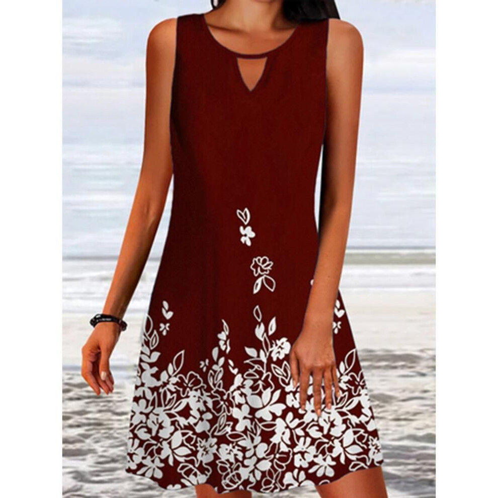 (wine red, M) Summer Women Short Dress Beach Dress For Woman Floral Round Neck Sundress Sleeveless Casual Loose Tank Dress