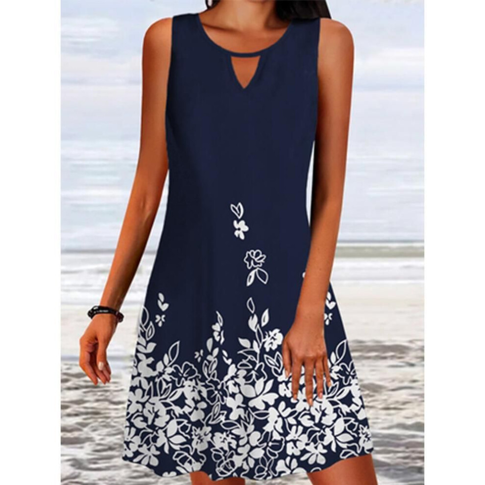(blue, 3XL) Summer Women Short Dress Beach Dress For Woman Floral Round Neck Sundress Sleeveless Casual Loose Tank Dress
