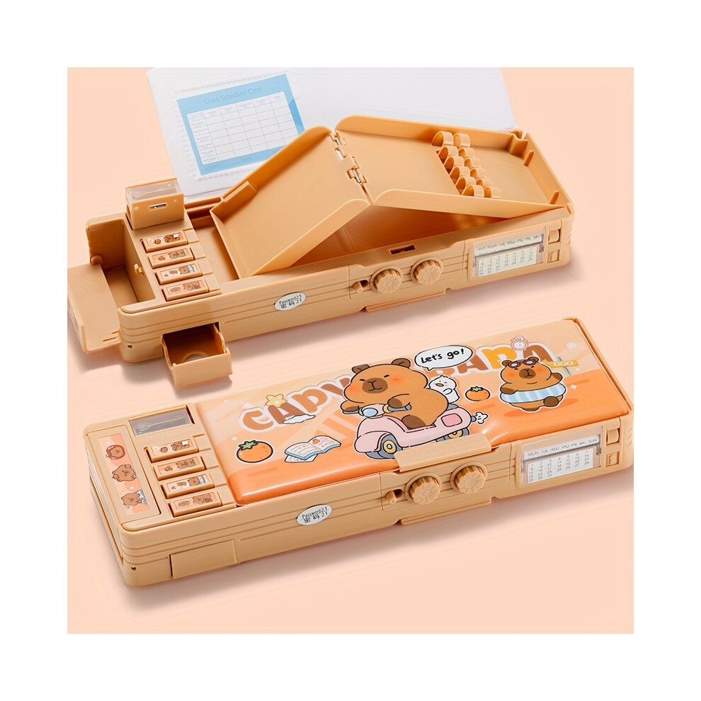 (Kapibara - Combination Lock - Double Layer Multifunctional) 1pc Double-Sided Password Lock Stationery Organizer with Adorable Bear Design, Multifunct-image-OPC-PH8VPDF-NEW