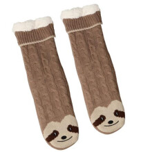 (Coffee, One-size) Cozy Sloth Socks - Soft Knitted Polyester Women's Socks with Non-Slip Grips, Plush Sherpa Trim, and Warm Indoor Comfort