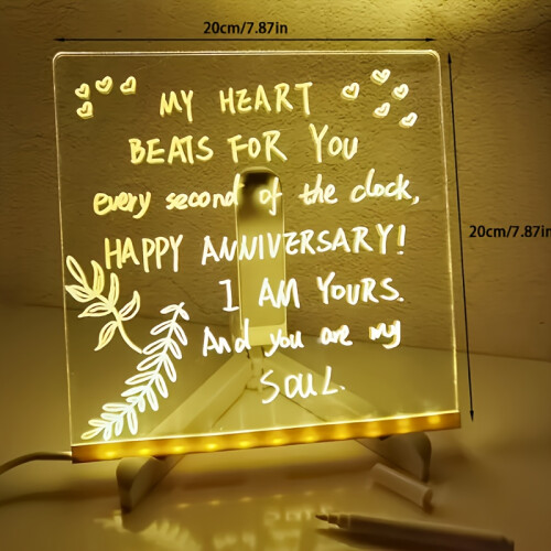 (20×20cm) LED Message Board with 7 Color Pens, Acrylic Glow-In-The-Dark Drawing Board, LED Illuminated Drawing Tablet with Stand for Office