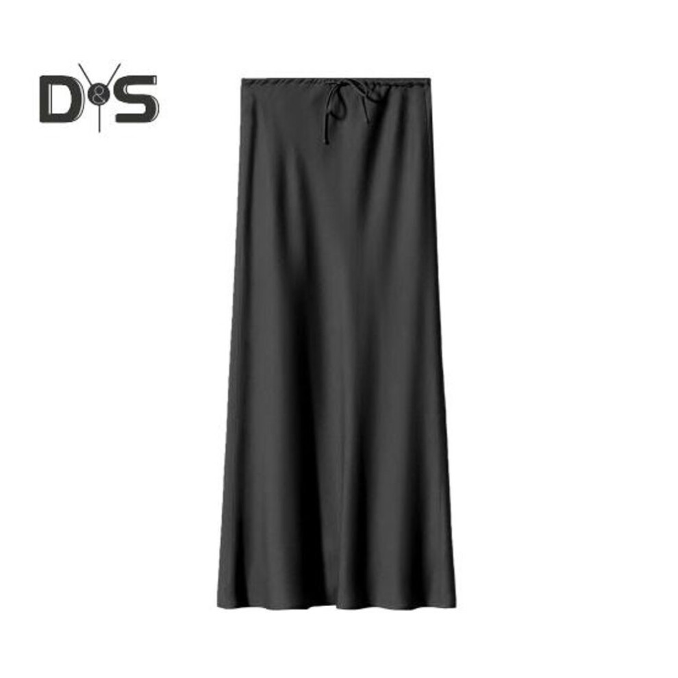 (L, black) Women Skirt Silky Satin High Waist Drawstring Elastic Solid Color Ankle Length A line Soft Breathable Casual Lady Maxi Skirt