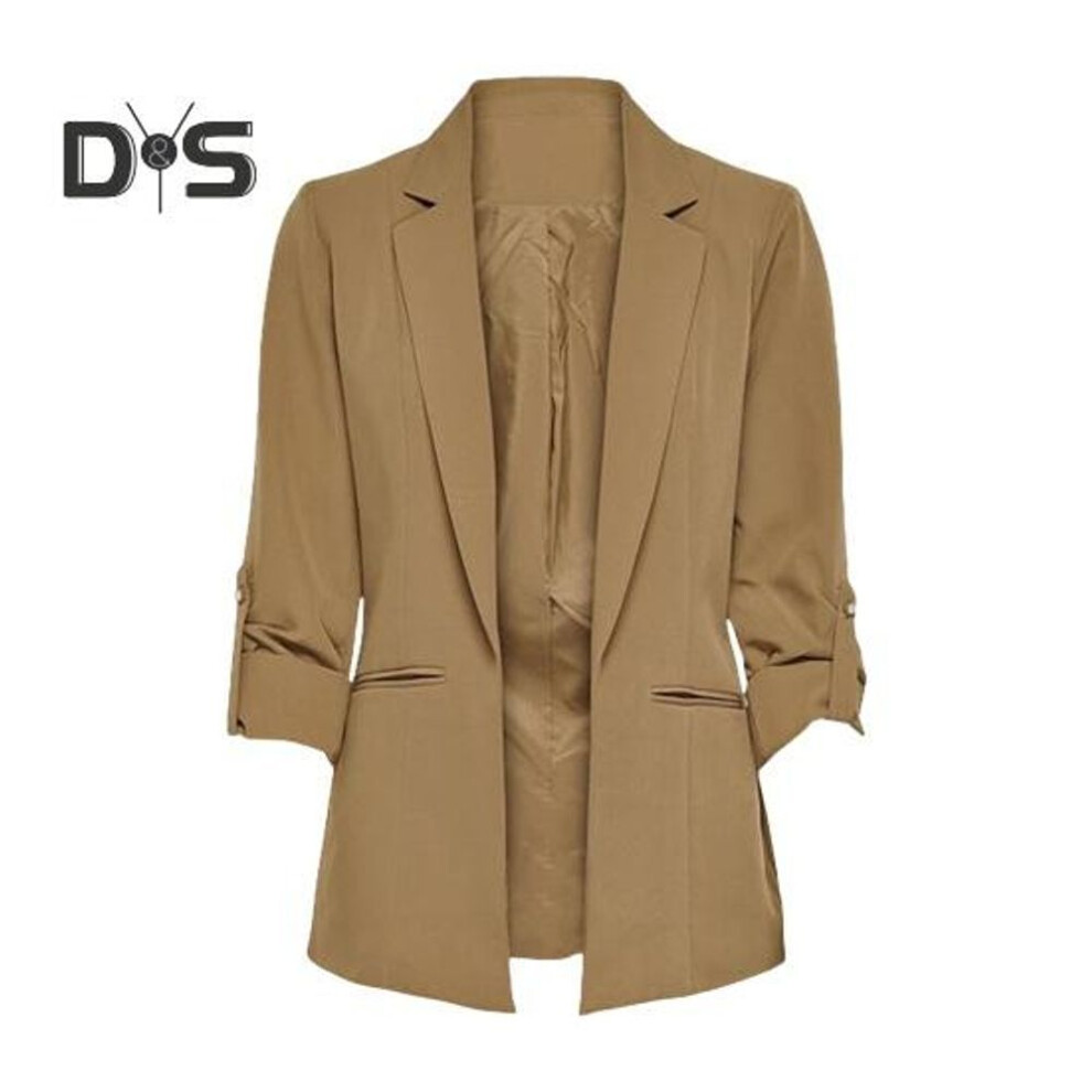 (khaki, XXL) Women Suit Coat Turn-down Collar Long Sleeve Pockets Suit Jacket Solid Color Open Front Office Lady Business Outwear