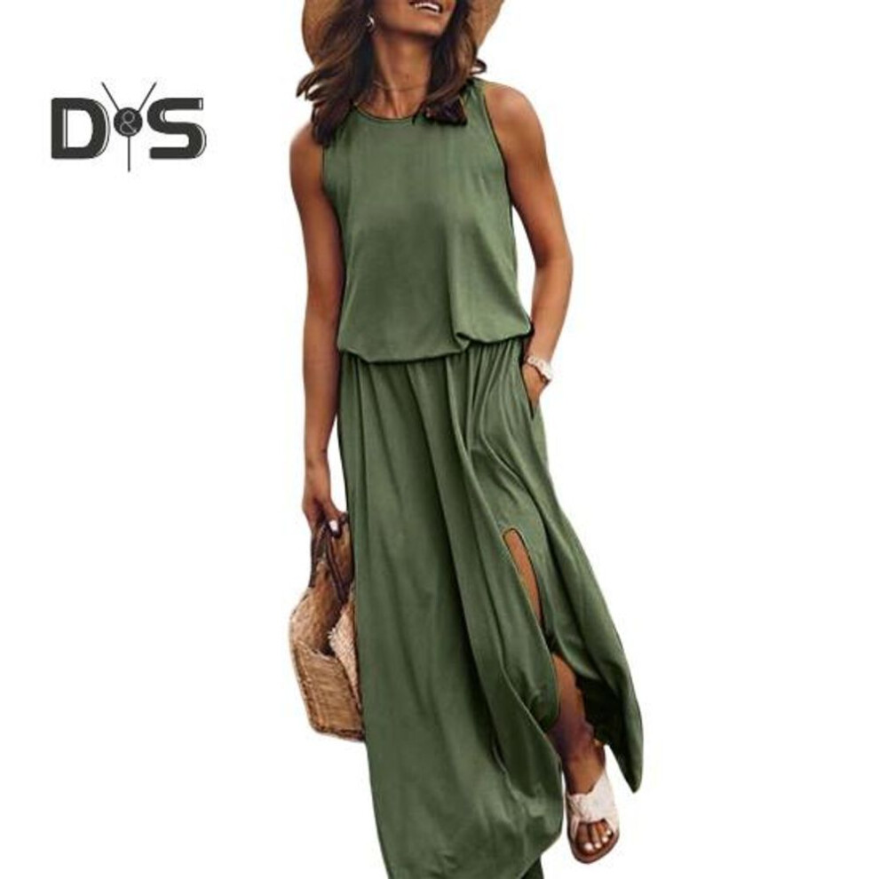 (dark green, XXL) Women Vest Dress Sleeveless Side Slit Round Neck Pleated Maxi Dress with Pockets Solid Color Loose Dress for Dating Daily Travel