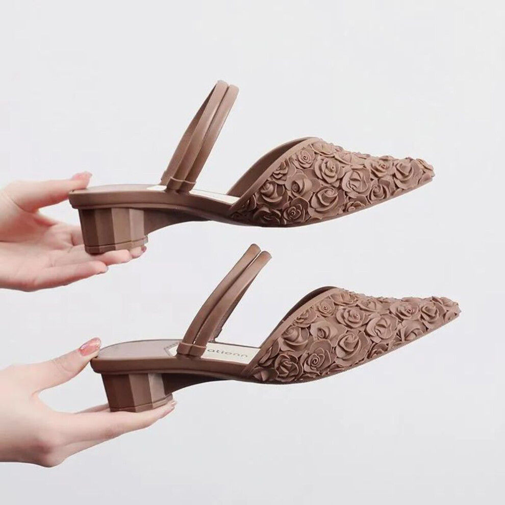 (brown, 39) WTEMPO Women's Spring Summer Large Size Solid Color Sandals Pointed Toe Low Thick Heel Anti Slip Casual Shopping Slippers