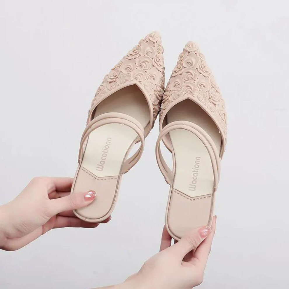(khaki, 39) Wtempo Women's Spring Summer Large Size Solid Color Sandals Pointed Toe Low Thick Heel Anti Slip Casual Shopping Slippers