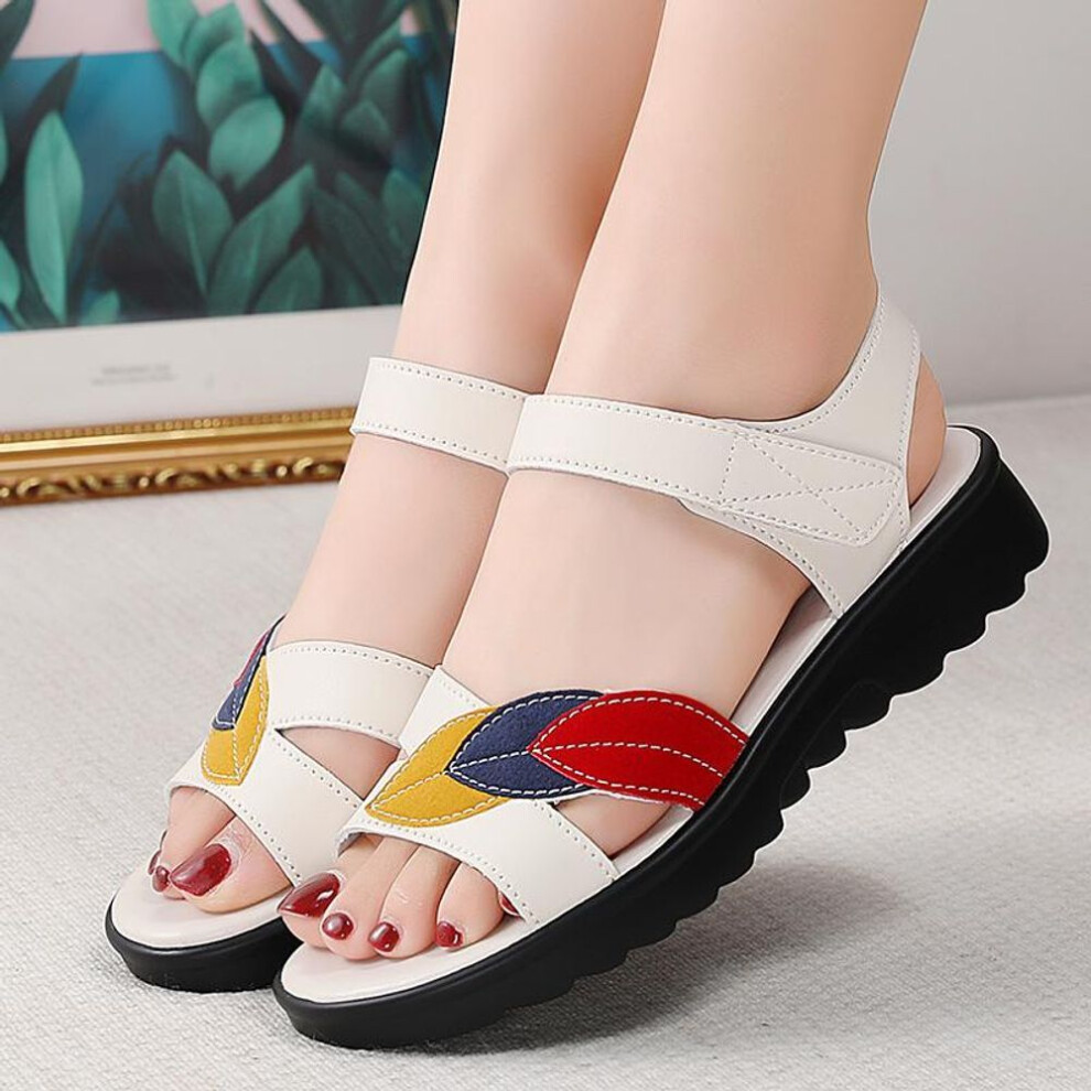 (beige, 39) Women Beige Sandals Casual Soft Comfortable Flats Shoes Black Flower Simple Open Toe Sandals for Mother