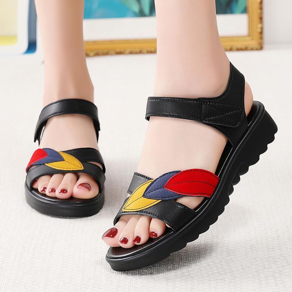 (black, 37) Women Beige Sandals Casual Soft Comfortable Flats Shoes Black Flower Simple Open Toe Sandals for Mother