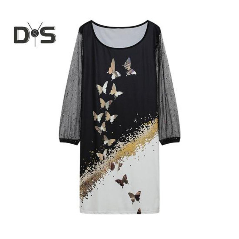 (white, 3XL) Fall Spring Women Dress Shiny Sequin See Through Mesh Patchwork A Line Crew Neck Plus Size Loose Long Sleeve Letter Print Above Knee Length Mini Dress