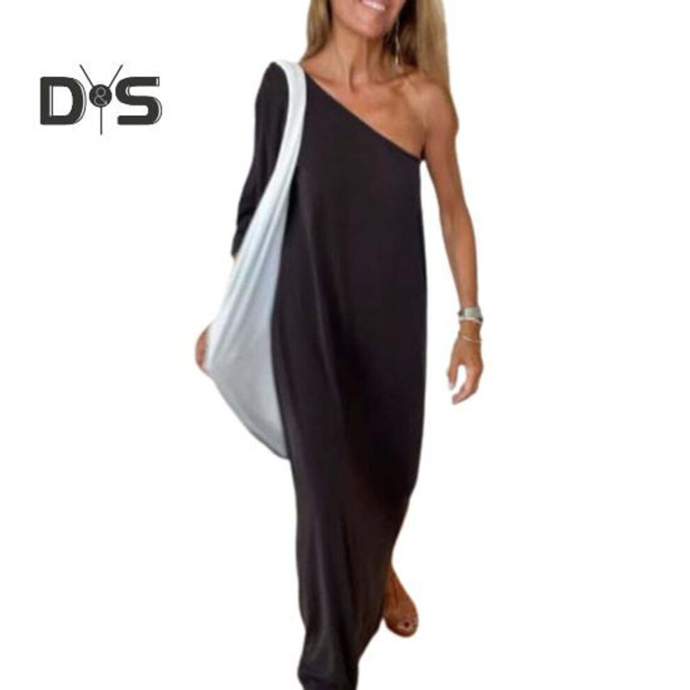 (black, M) Summer Sexy Slash Neck Single Long Sleeve Maxi Dress Solid Color Loose Fit Side Split Hem Long Gown Dress Streetwear