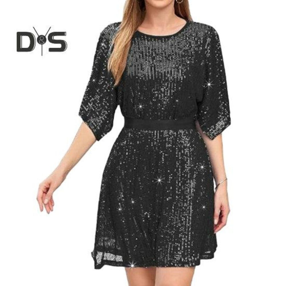(black, 2XL) Women Prom Dress Half Split Bat Sleeve Round Neck Loose Shiny Sequin Double Layered Belted Tight High Waist Soft Club Party Lady Mini Dress