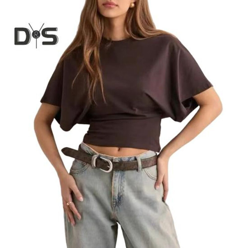 (XXL, brown) Women Solid Color Round Neck T-Shirt Breathable Casual Top Summer Short Sleeve Pullover Tee for Work Daily Wear Parties
