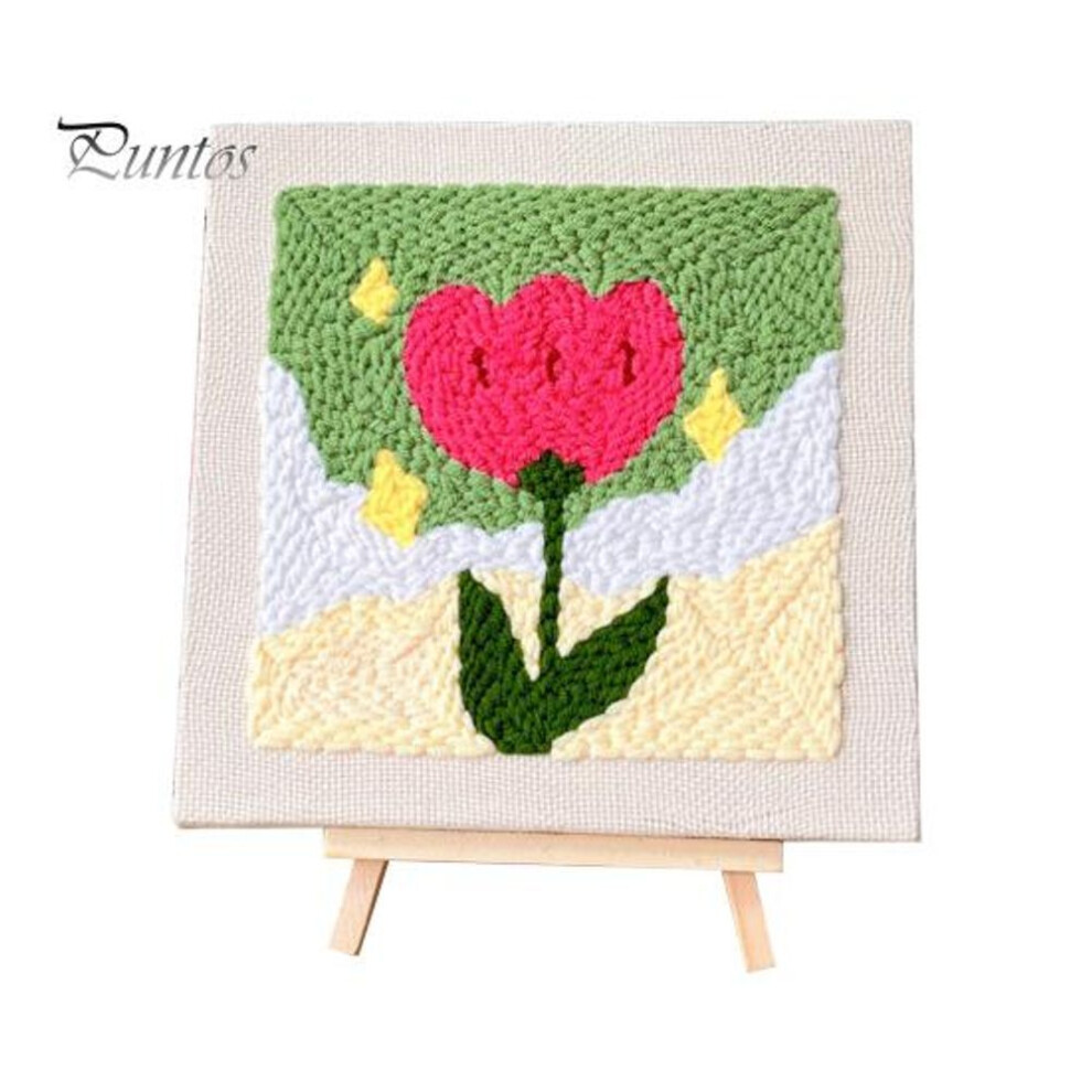 (as the picture, C) DIY Embroidery Material Package Punch Stitch Kit with Patterns Wooden Frame Yarns Hoop Instruction Punch Needle Kit for Beginners