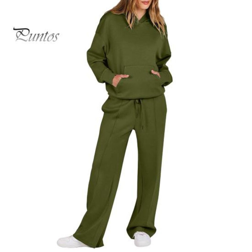 (army green, S) 2 Pcs/Set Women Hoodie Pants Suit Solid Color Long Sleeves Hooded Top Elastic Waist Straight Wide Leg Trousers Sport Fitness Outfit Fall Winter