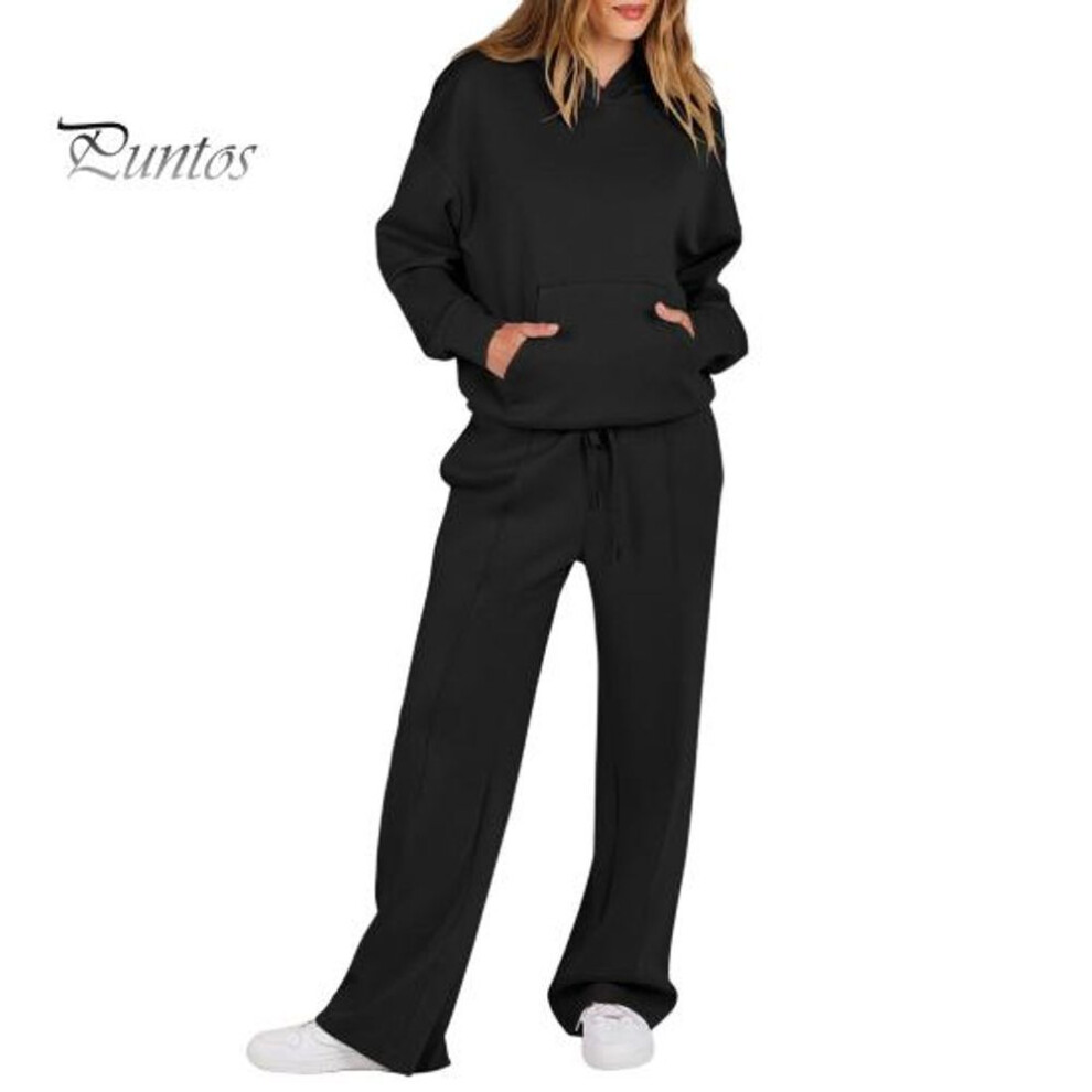 (black, XXL) 2 Pcs/set Women Hoodie Pants Suit Solid Color Long Sleeves Hooded Top Elastic Waist Straight Wide Leg Trousers Sport Fitness Outfit Fall Winter