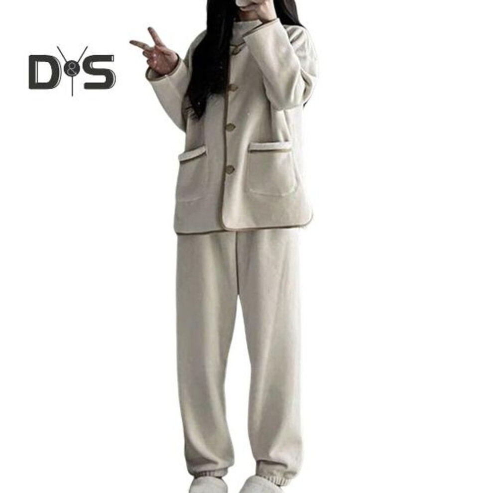 (M, beige) 2 Pcs/Set Winter Women Pajamas Suit Coral Fleece Round Neck Single-breasted Long Sleeve Top Loose Pants Warm Sleepwear Casual Home Wear Clothes