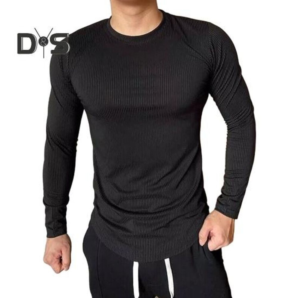 (black, L) Men Sport Top Slim Fit High Elasticity Striped Texture Round Neck Quick-drying Long Sleeves Slim Fit Compression Figure Shaping Gym Running