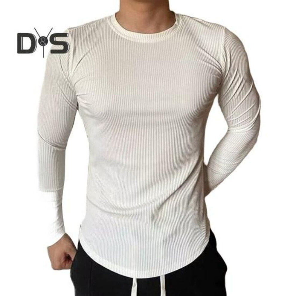 (white, L) Men Sport Top Slim Fit High Elasticity Striped Texture Round Neck Quick-drying Long Sleeves Slim Fit Compression Figure Shaping Gym Running