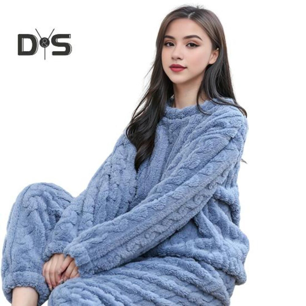 (blue) 2 Pcs/set Winter Pajamas Set Thickened Coral Fleece Twisted Texture Round Neck Long Sleeves Top Stretchy Waist Trousers Homewear Loungewear Outfiit
