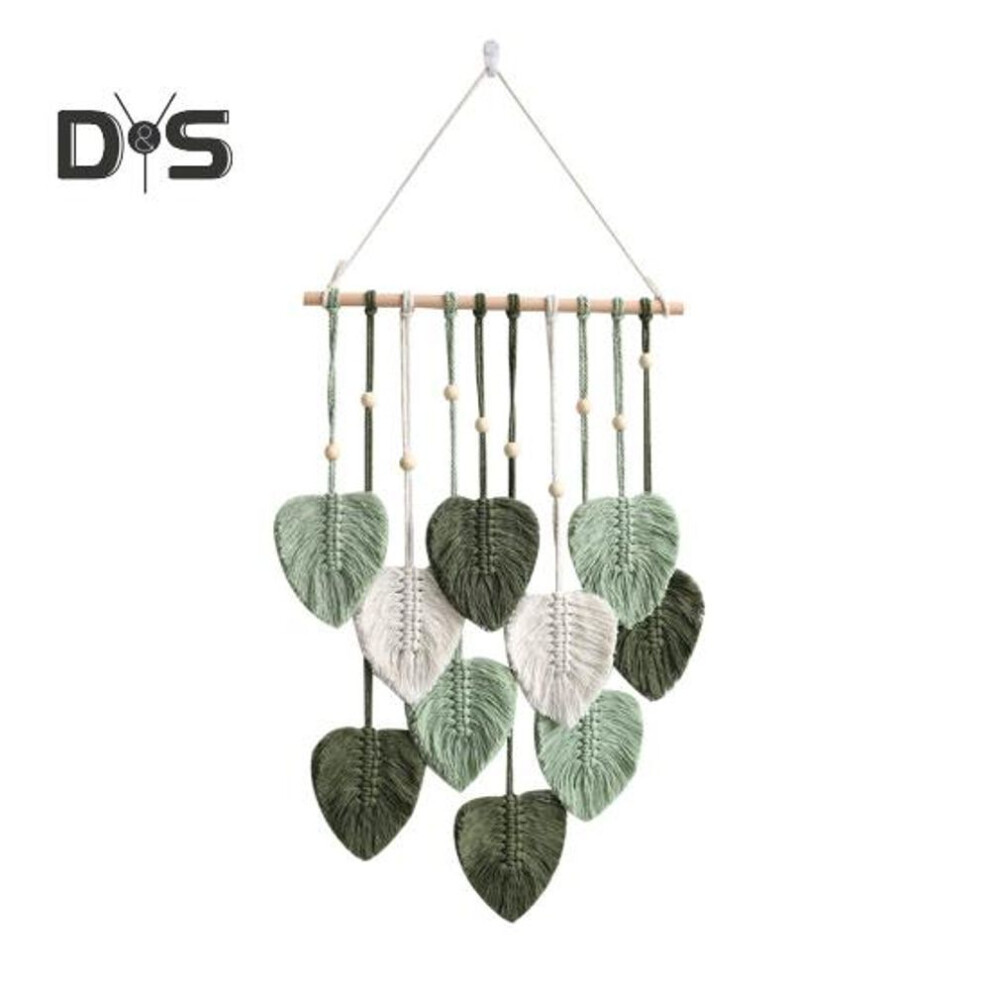 (green) Wall Decor Large Boho Macrame Handmade Yarn Woven Wall Art Leaf Tapestry Wall Hanging with Faux Feathers for Home Decor