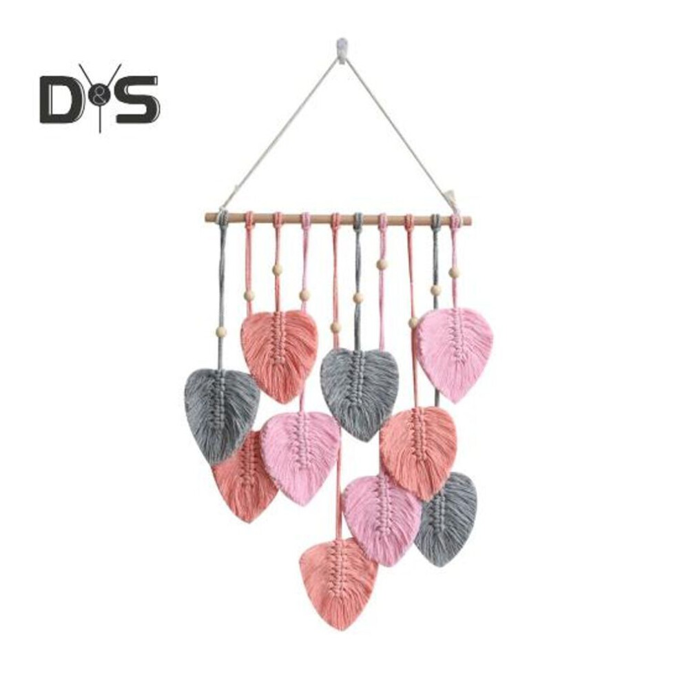 (pink) Wall Decor Large Boho Macrame Handmade Yarn Woven Wall Art Leaf Tapestry Wall Hanging With Faux Feathers For Home Decor