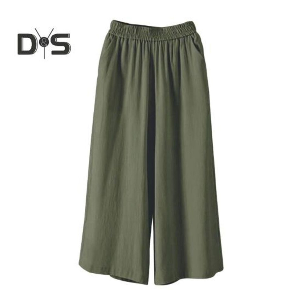 (green, 3XL) Women Cropped Pants Elastic Waist Mid-rise Wide Leg Trousers with Pockets Solid Color Loose Fit Casual Trousers